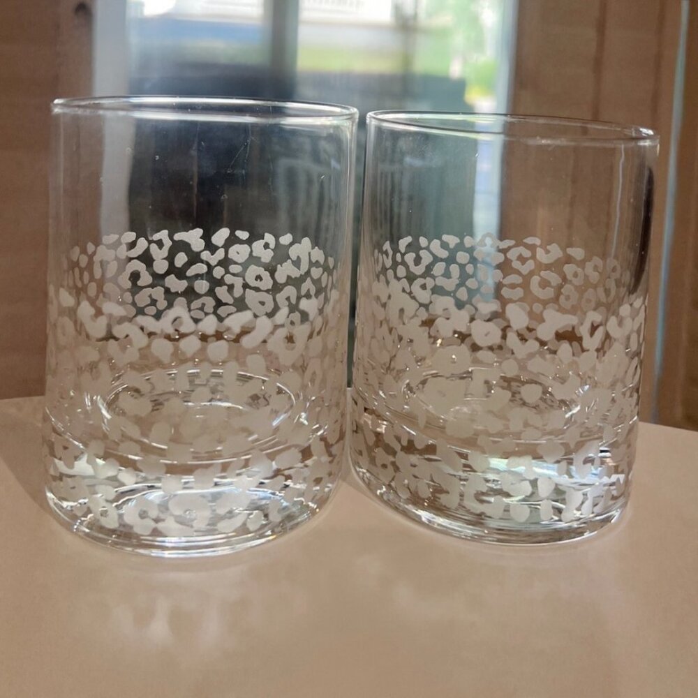 Neiman Marcus Clear Etched Safari Leopard Double Old Fashion Glass Set of 2